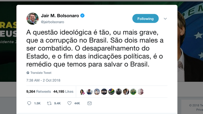 Em tuíte, presidente eleito comparou 'questão ideológica' à corrupção no Brasil