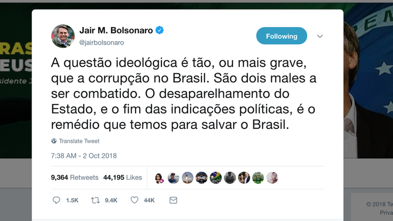 Em tu&iacute;te, presidente eleito comparou 'quest&atilde;o ideol&oacute;gica' &agrave; corrup&ccedil;&atilde;o no Brasil