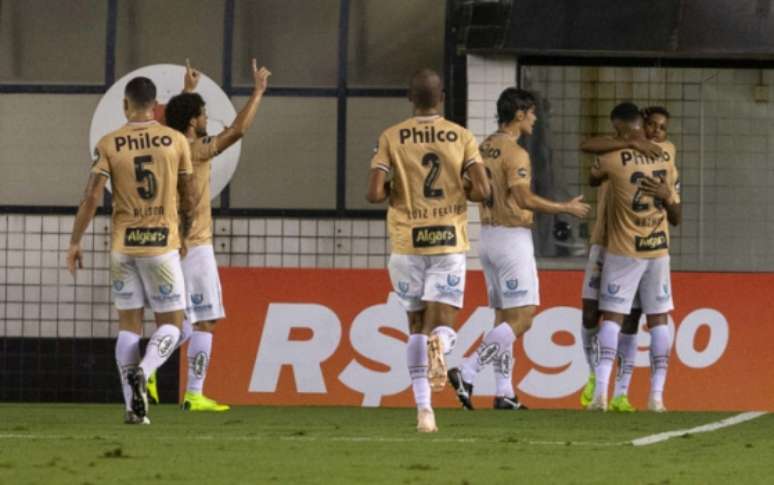 Santos comemora gol marcado contra o Botafogo: time não vence há cinco jogos (Foto: Richard Callis/Fotoarena)