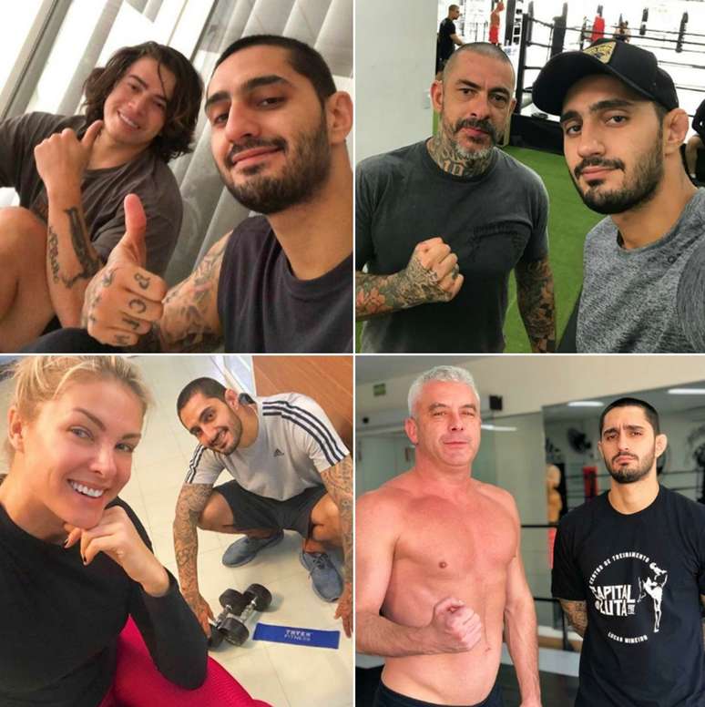 Acima, Caio Franco com Whindersson Nunes e Henrique Fogaça; abaixo, durante treino com Ana Hickmann e o empresário Alexandre Côrrea, marido da apresentadora