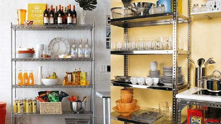 19. Decora&ccedil;&atilde;o de cozinha com arm&aacute;rios de metal.