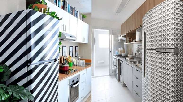 12. Decora&ccedil;&atilde;o de cozinha com geladeira adesivada
