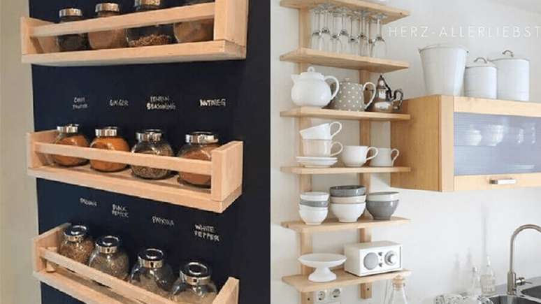 14. Decora&ccedil;&atilde;o de cozinha com prateleiras de madeira