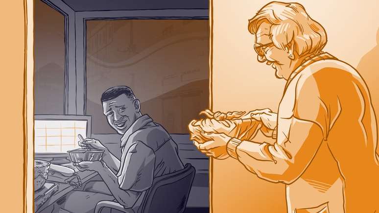 Ilustração mostra idosa entregando marmita para porteiro, sentado em seu posto de trabalho