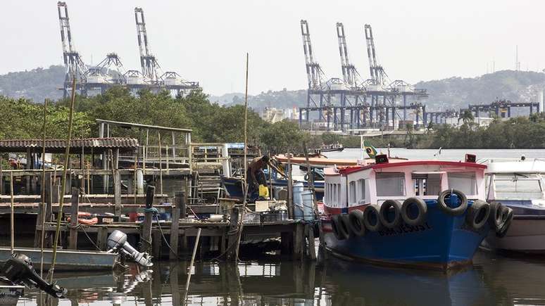 Vista da ilha Diana, comunidade cai&ccedil;ara, para o porto de Santos