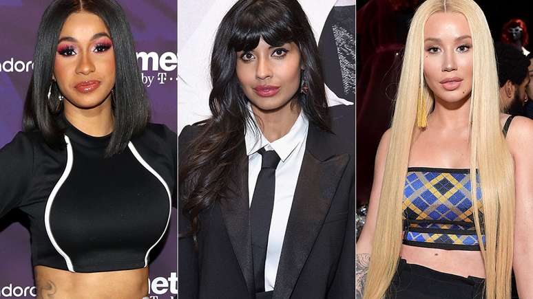 Jameela Jamil (centro) usou o Twitter para criticar celebridades como Cardi B (esquerda) e Iggy Azalea que estimulam fãs a fazerem dietas