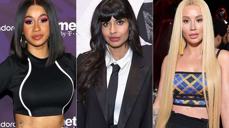Jameela Jamil (centro) usou o Twitter para criticar celebridades como Cardi B (esquerda) e Iggy Azalea que estimulam f&atilde;s a fazerem dietas