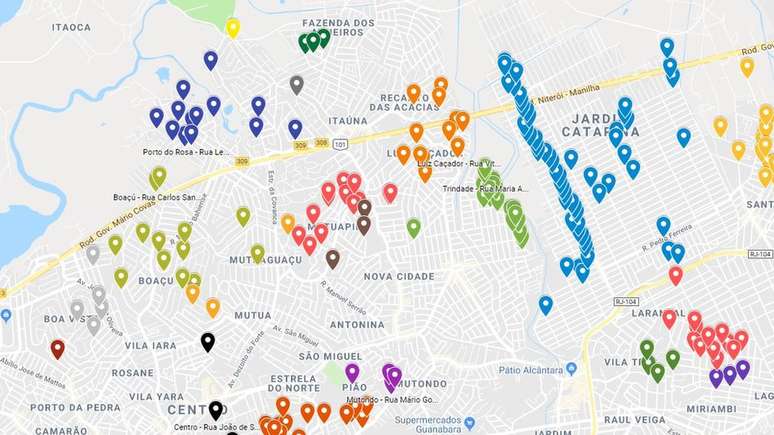 Mapeamento colaborativo do 'Tem Barricada A&iacute;?', em dezembro de 2018; cada ponto representa uma barreira denunciada por colaboradores an&ocirc;nimos