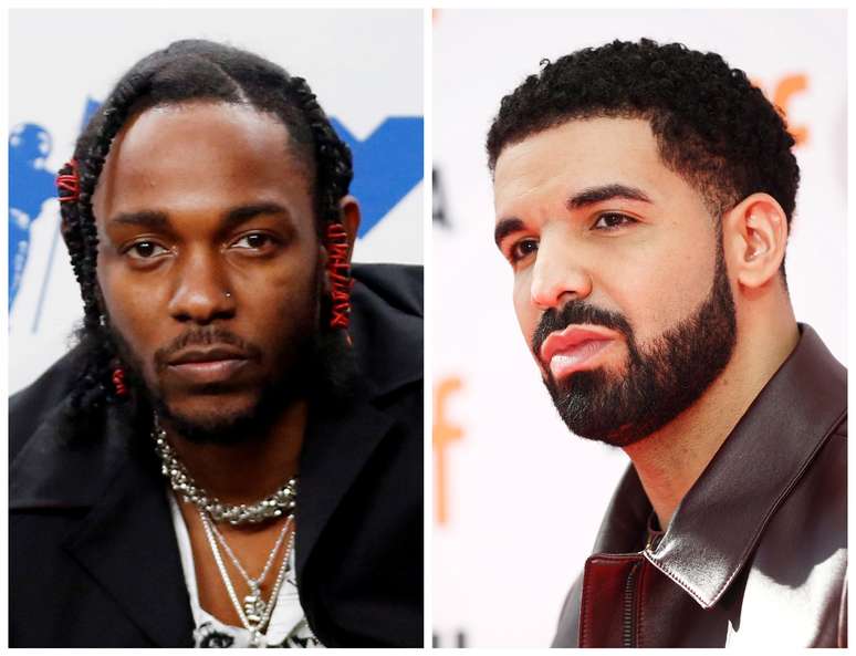 Rappers Kendrick Lamar e Drake
 9/9/2017   REUTERS/Danny Moloshok (E) e REUTERS/Mark Blinch