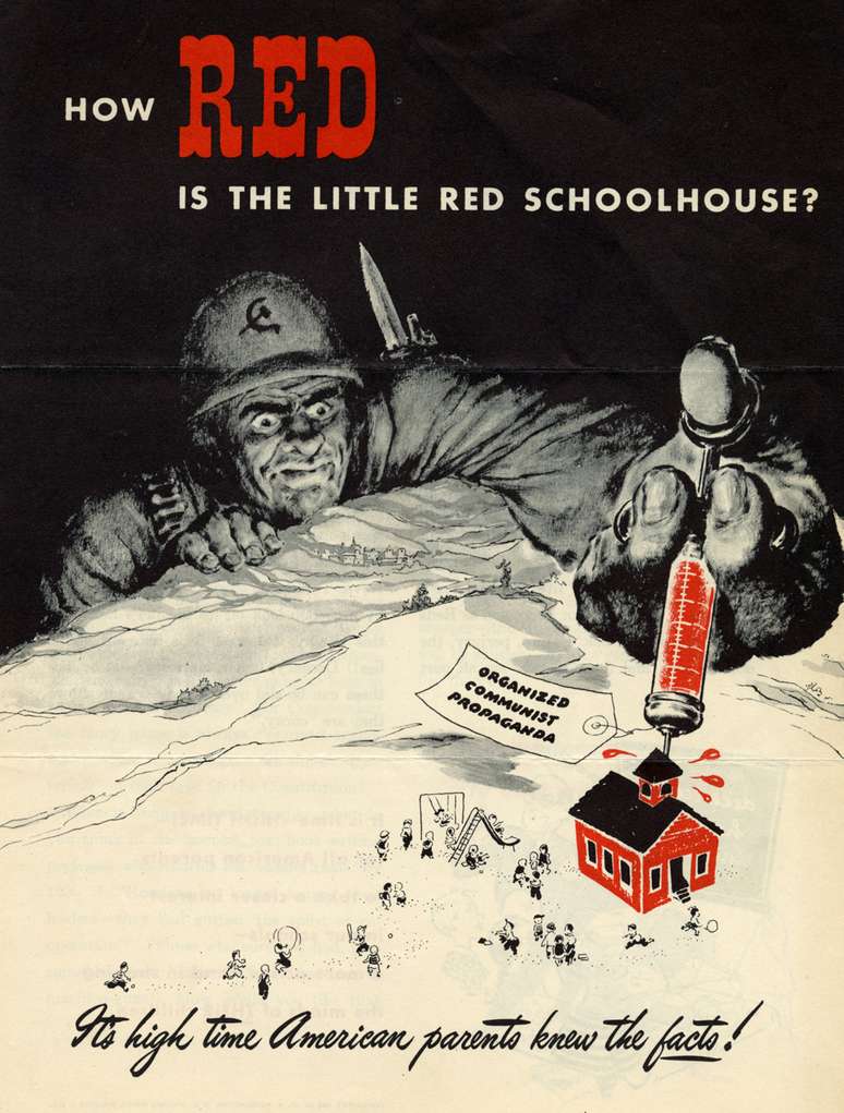 Parte de propaganda contra o perigo comunista nas escolas, publicado em um livreto nos EUA, em 1949