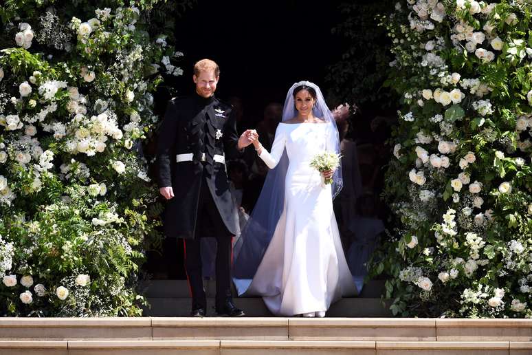 Príncipe Harry e Meghan Markle deixam a Abadia de St. George após seu casamento, em Windsor, na Inglaterra