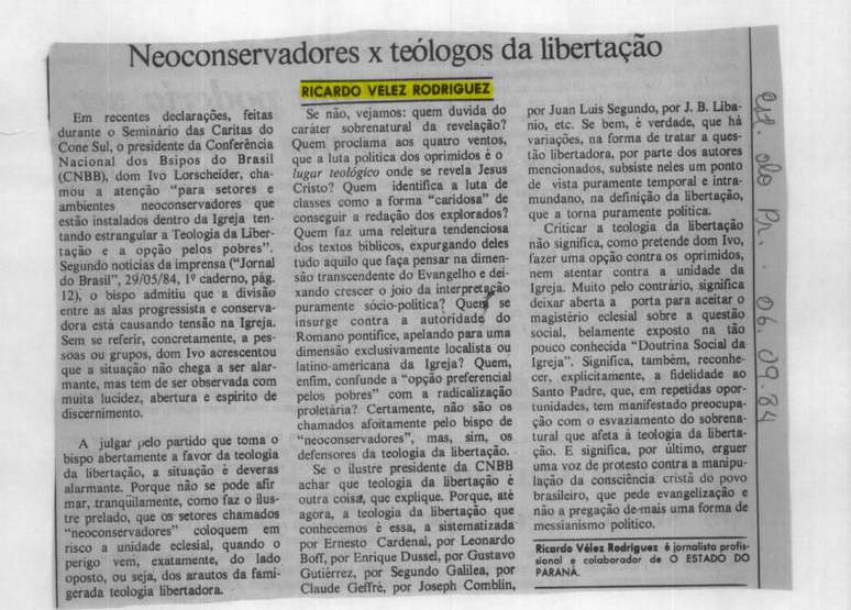 Artigos de Ricardo Vélez Rodríguez sobre a Teologia da Libertação eram às vezes mencionados pelos militares em análises internas