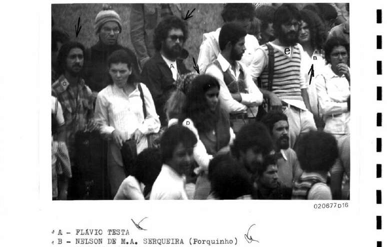 Antônio Flávio Testa (com a letra 'A' sobre si) identificado em foto da ASI-UnB, durante manifestação