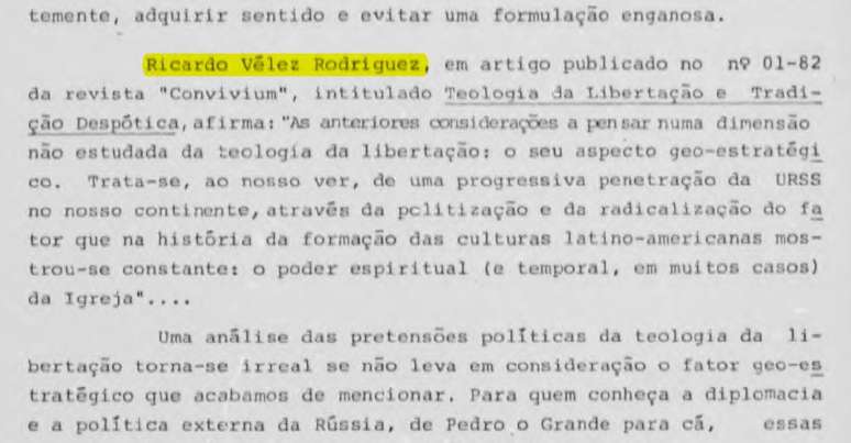 Os artigos de Vélez sobre a Teologia da Libertação eram lidos pelo SNI, e citados em