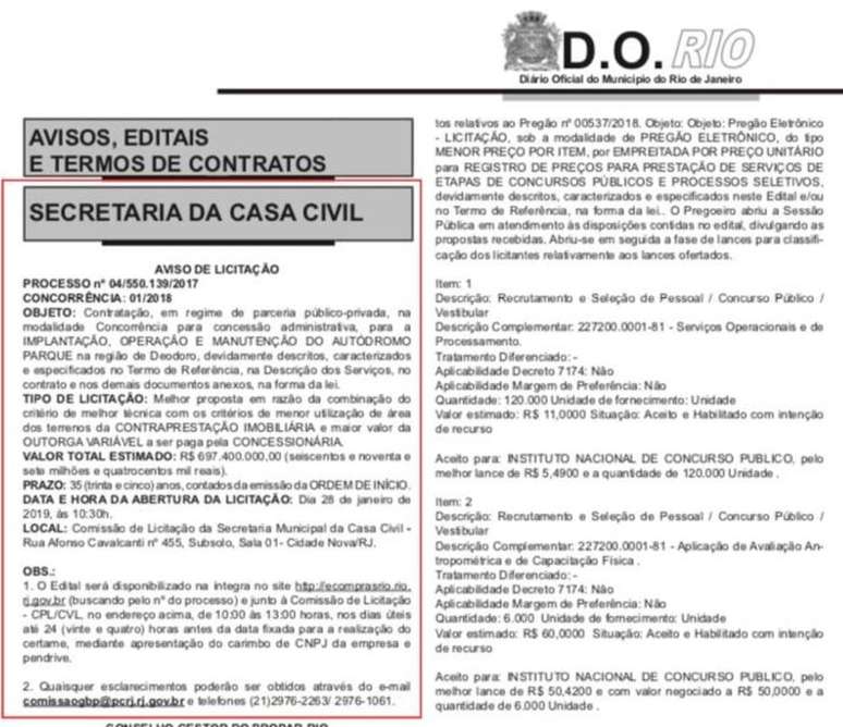 Diário Oficial do Rio com o aviso de licitação do autódromo
