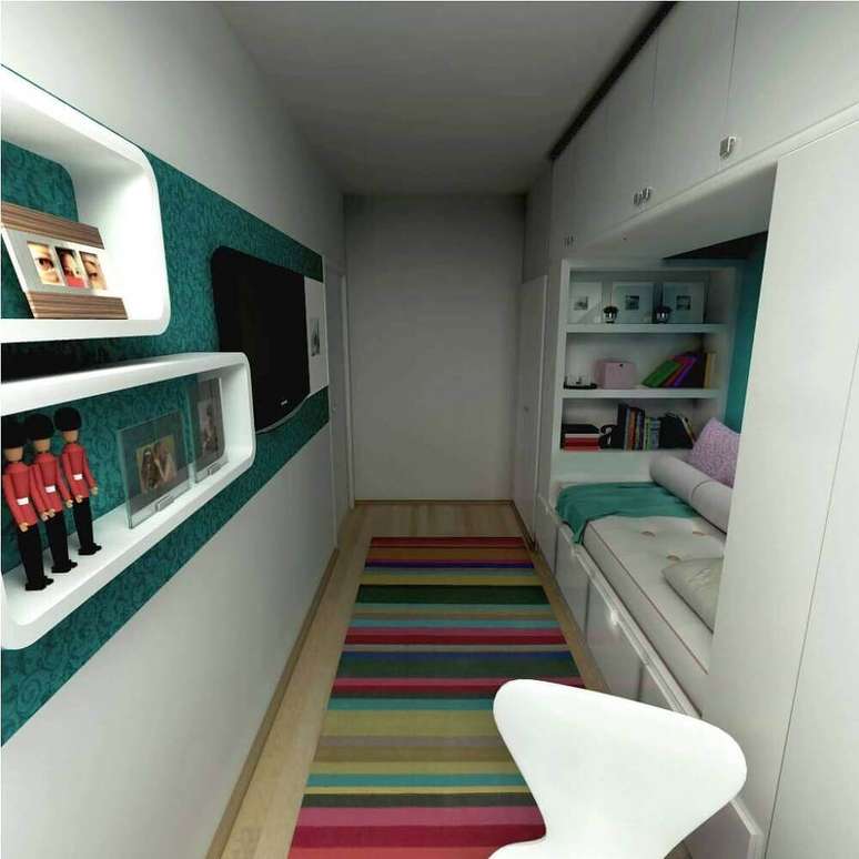 49. Quarto planejado solteiro feminino decorado com papel de parede verde e tapete listrado – Foto: limaonagua