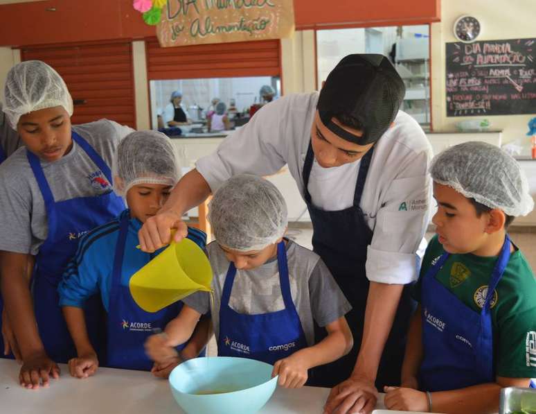 Crianças do projeto Acorde apoiado pela Abace em oficina de culinária.