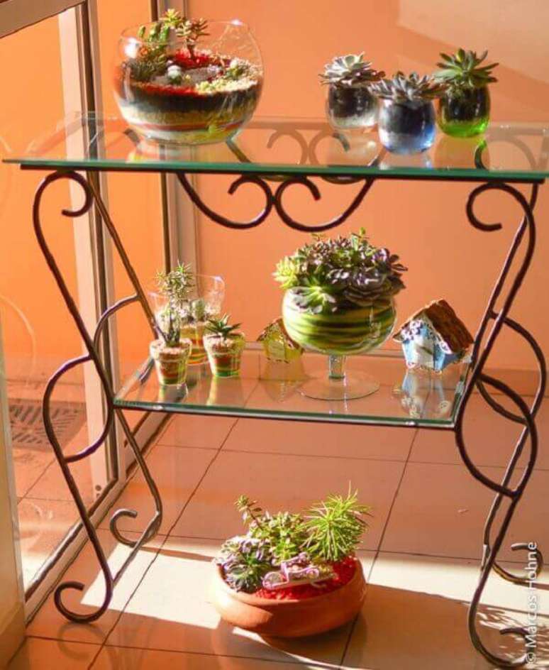 37- O mini jardim de suculentas decora o cantinho da sala de estar. Fonte: Jardins em Miniatura