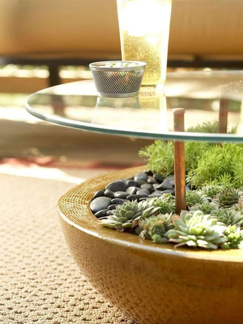 14- O mini jardim de suculentas em vaso cerâmico serve como base de mesa de centro na sala de estar. Fonte: Pinterest