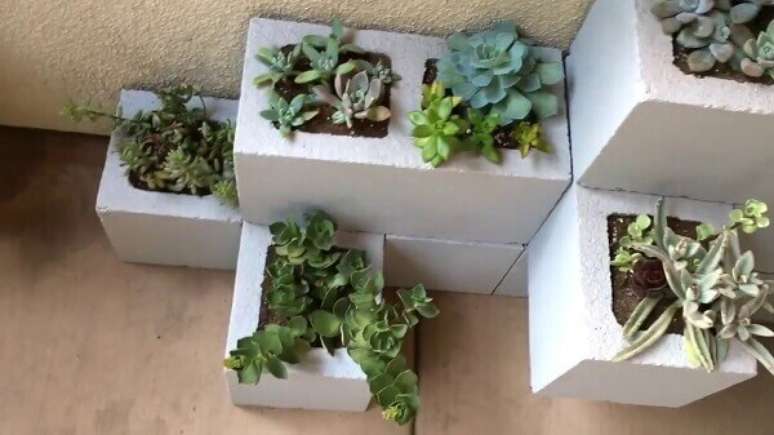 42- O mini jardim de suculentas utiliza blocos de concreto como jardineira. Fonte: Pinterest