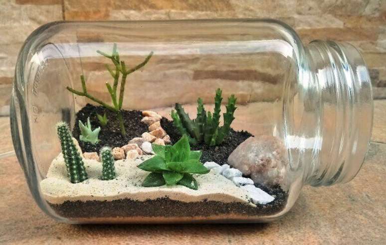 8- Os potes de vidro para compota são recipientes criativos para montar um mini jardim de suculentas. Fonte: Pinterest