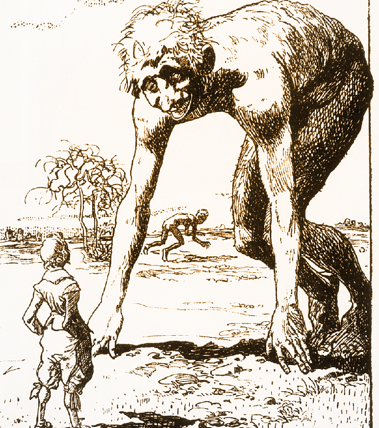 Na Lua, Dyrcona encontrou homens gigantes e conheceu Domingo Gonsales, o espanhol que viajou at&eacute; l&aacute; no livro de Godwin