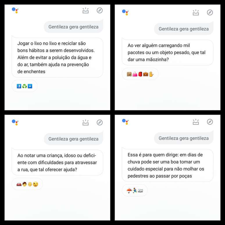 Exemplos de sugestões que o Google Assistente dá por meio do comando 'Ok Google, gentileza gera gentileza'.