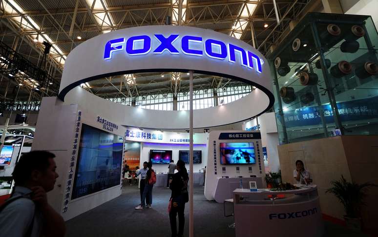 Logo da Foxconn durante evento em Tianjin, China