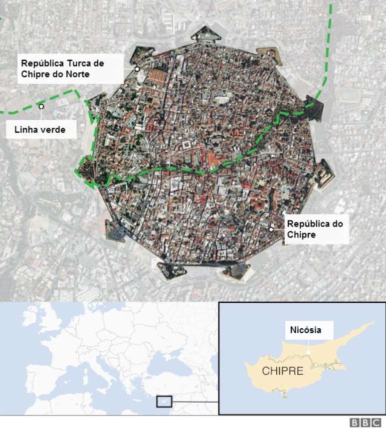 Mapa mostra a divis&atilde;o de Nic&oacute;sia