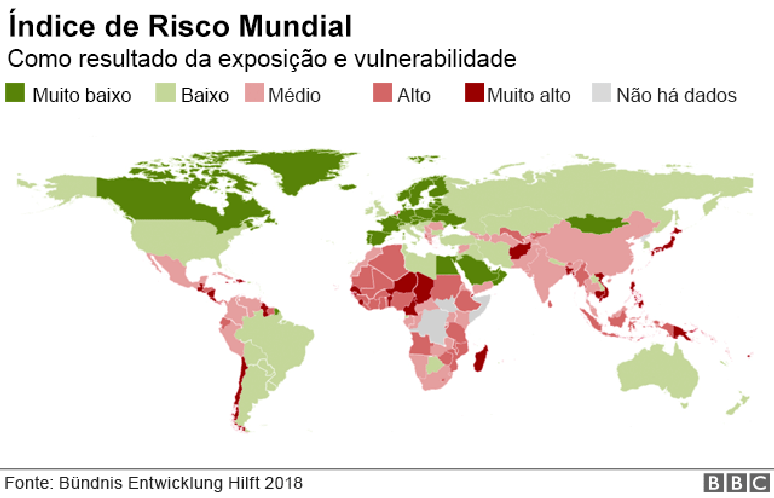 Mapa mostrando o &iacute;ndice de risco mundial a desastres naturais, por pa&iacute;s