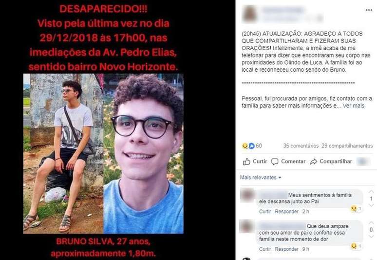 Postagem feita pela família de Bruno Fernando da Silva no Facebook