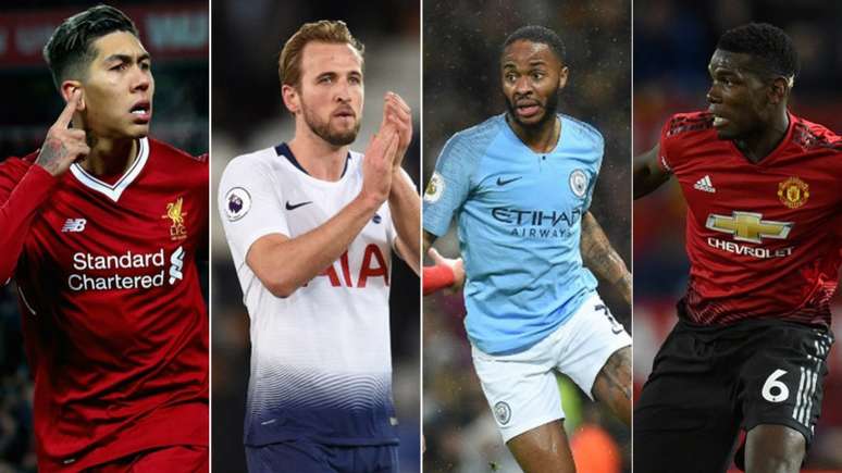 Firmino, Kane, Sterling e Pogba em ação na 21ª rodada do Campeonato Inglês (Foto: AFP)