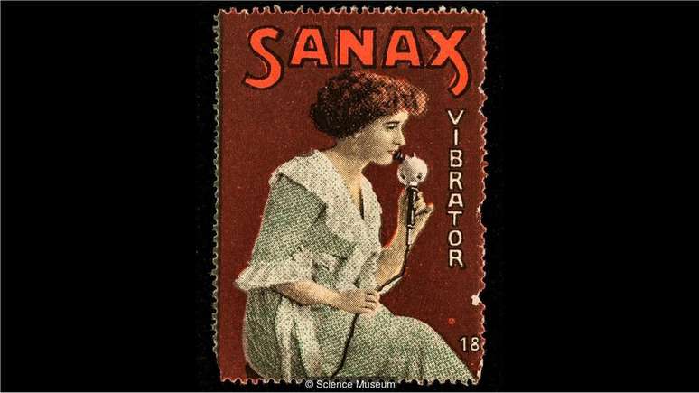Este anúncio do início dos anos 1900 foi um de uma série que mostrou o equipamento da Sanax sendo usado por homens e mulheres em seus braços, pernas, peito e rosto