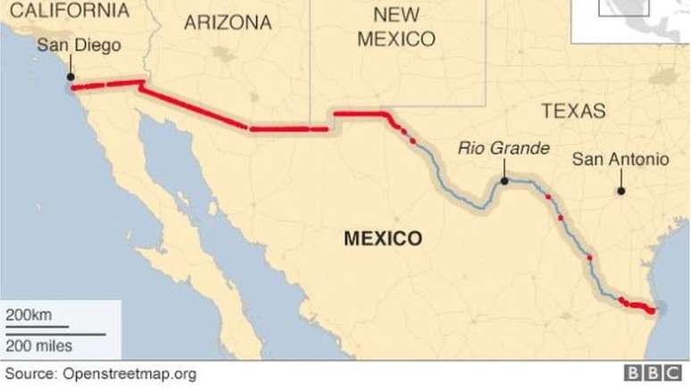 Mapa mostra áreas na fronteira EUA-México onde já foi construído algum tipo de barreira