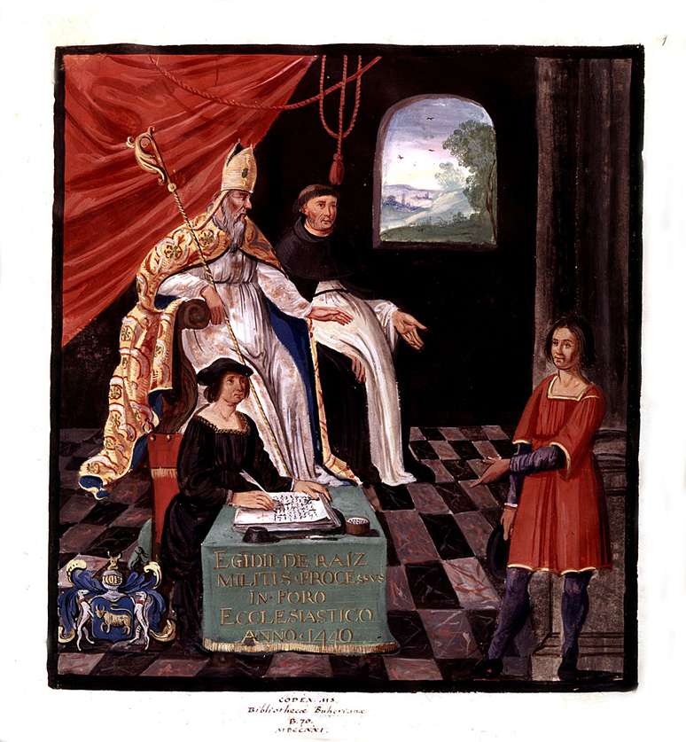 Julgamento de Gilles de Rais, com o bispo Jean de Malestroit, em 1440, na França