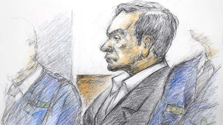 Desenho feito pelo ilustrador Masato Yamashita mostra Ghosn em audiência nesta semana