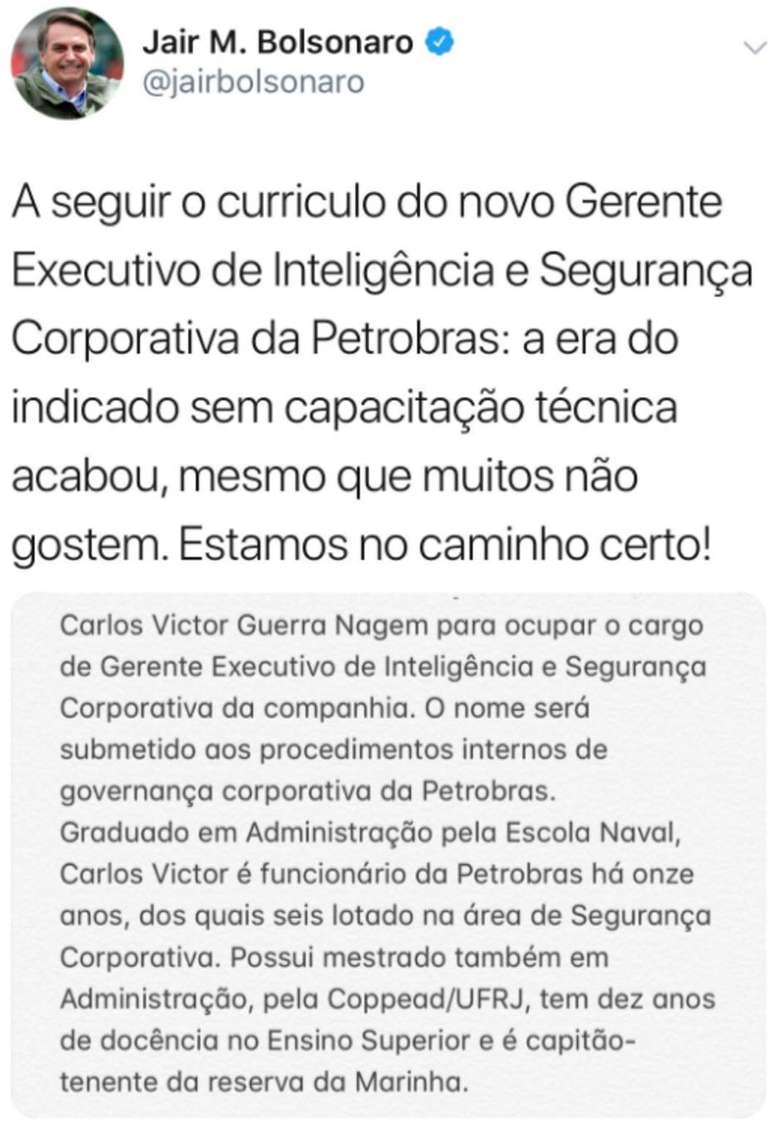 Presidente apagou tuíte após publicar