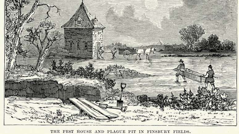 Epidemia de peste bub&ocirc;nica em Londres no s&eacute;culo 17 &eacute; representada em ilustra&ccedil;&atilde;o