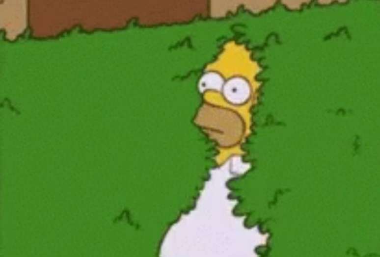 Homer Simpson se escondendo em um arbusto, em uma atitude de vergonha.