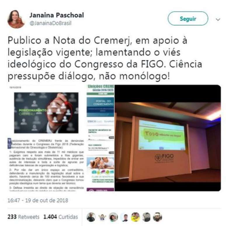 No Twitter, a deputada estadual eleita por SP Janaina Paschoal endossou nota do Cremerj