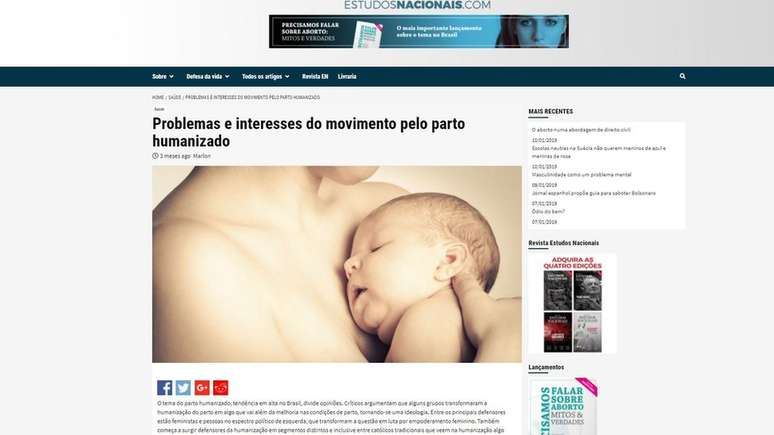 Segundo um texto no site Estudos Nacionais, 'a defesa do parto humanizado é vista pela esquerda como parte de suas pautas'