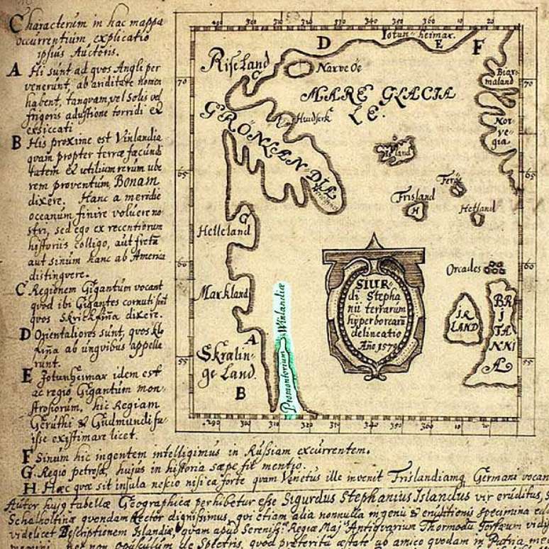 O mapa feito por Sigurd Stefansson, professor da escola em Skálholt, Islândia por volta de 1570