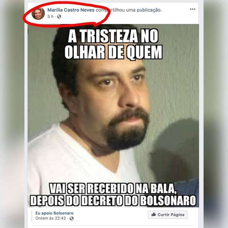 Desembargadora Marilia Castro Neves compartilha postagem de página pró-Bolsonaro com a imagem de Guilherme Boulos. A foto foi apagada das redes sociais. 