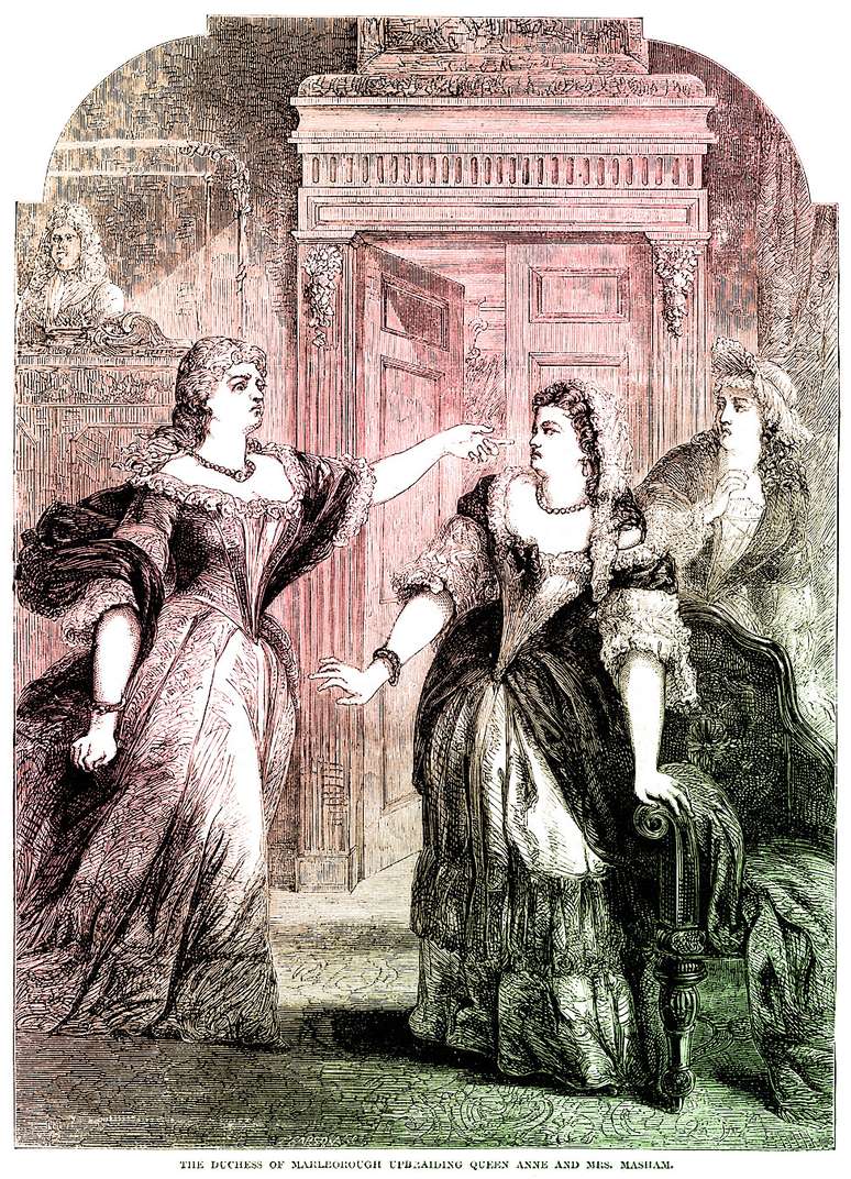 A duquesa de Marlborough repreendendo a rainha Anne e Abigail Masham em ilustração de 1753