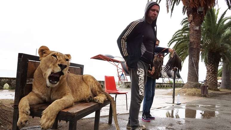 Um homem com sua leoa 'de estimação' na região do Mar Negro, na Abecásia, território que já foi parte da Geórgia