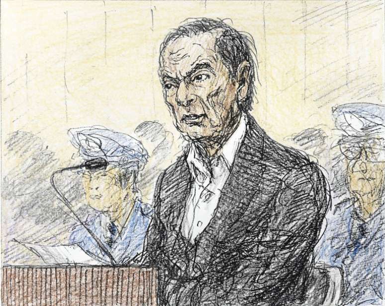 Ilustração mostra Carlos Ghosn ao ser ouvido pela Justiça japonesa no dia 8 de janeiro