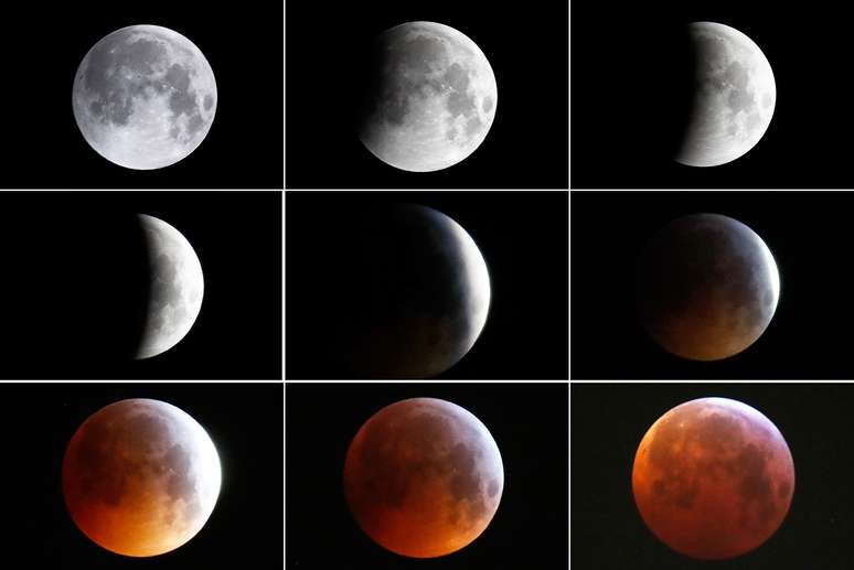 Combinação de fotos durante o eclipse da chamada "Super Lua de Sangue de Lobo" em Frankfurt, na Alemanha 21/01/2019 REUTERS/Kai Pfaffenbach