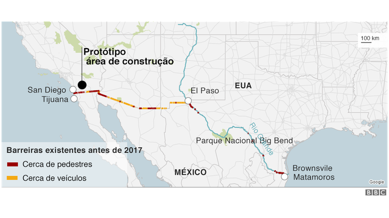 Mapa mostrando as barreiras atuais na fronteira EUA-México