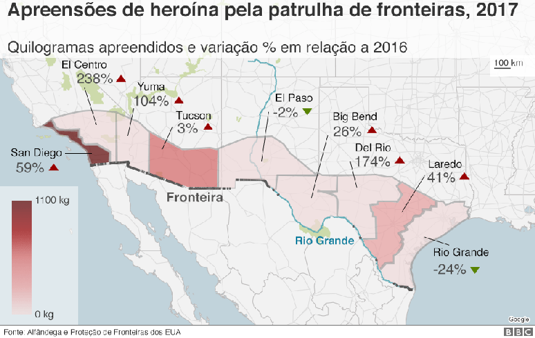 Mapa mostrando apreensões de heroína ao longo da fronteira EUA-México