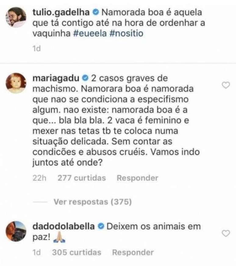 Maria Gadu e Dado Dolabella criticam foto de Túlio Gadêlha. 